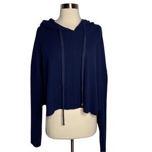 Bp Navy Blue Ribbed Hooded Cropped Long Sleeve Pullover
